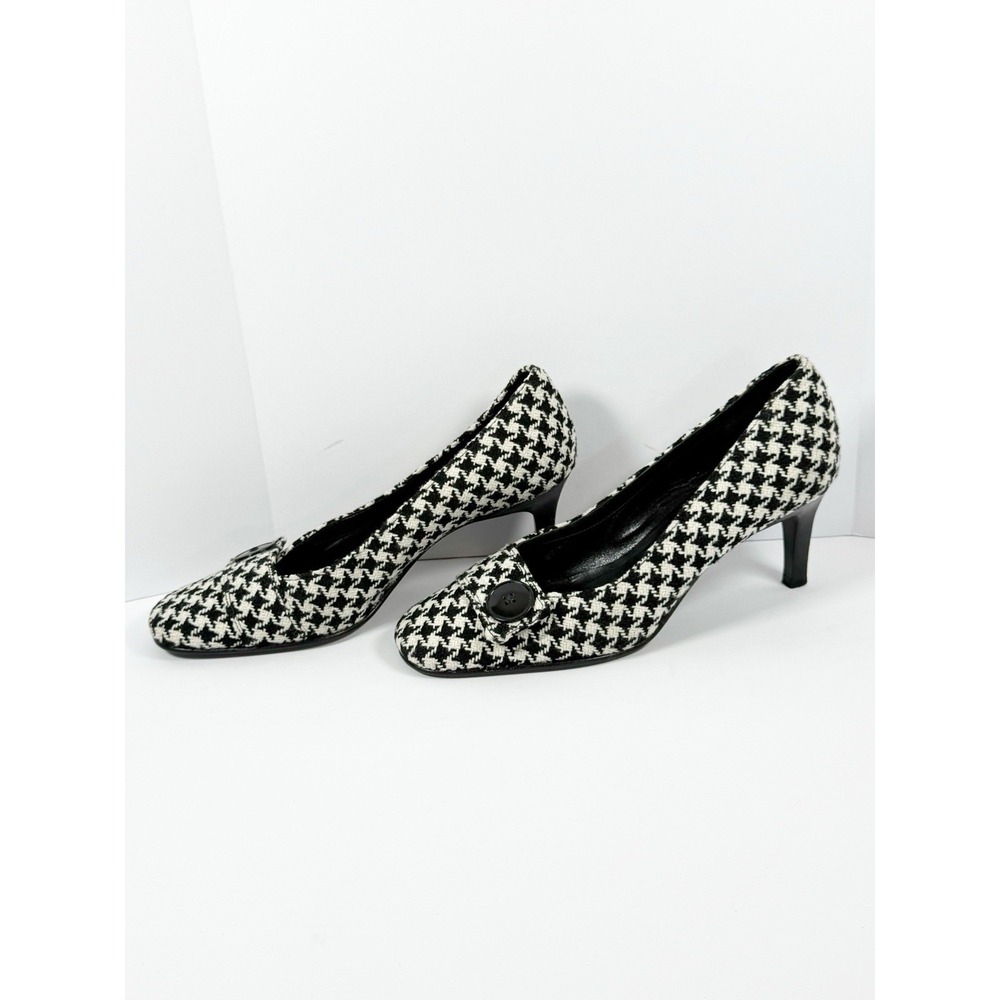 Vintage Y2K Loft Houndstooth Pumps Kitten Heel Button Fabric Woven Office Sz 8